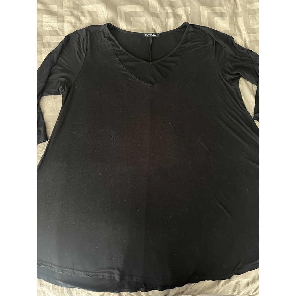 Monnuro Shirt Womens 2X Black V-Neck Mesh Panel Stretch Plus Size Basic Casual